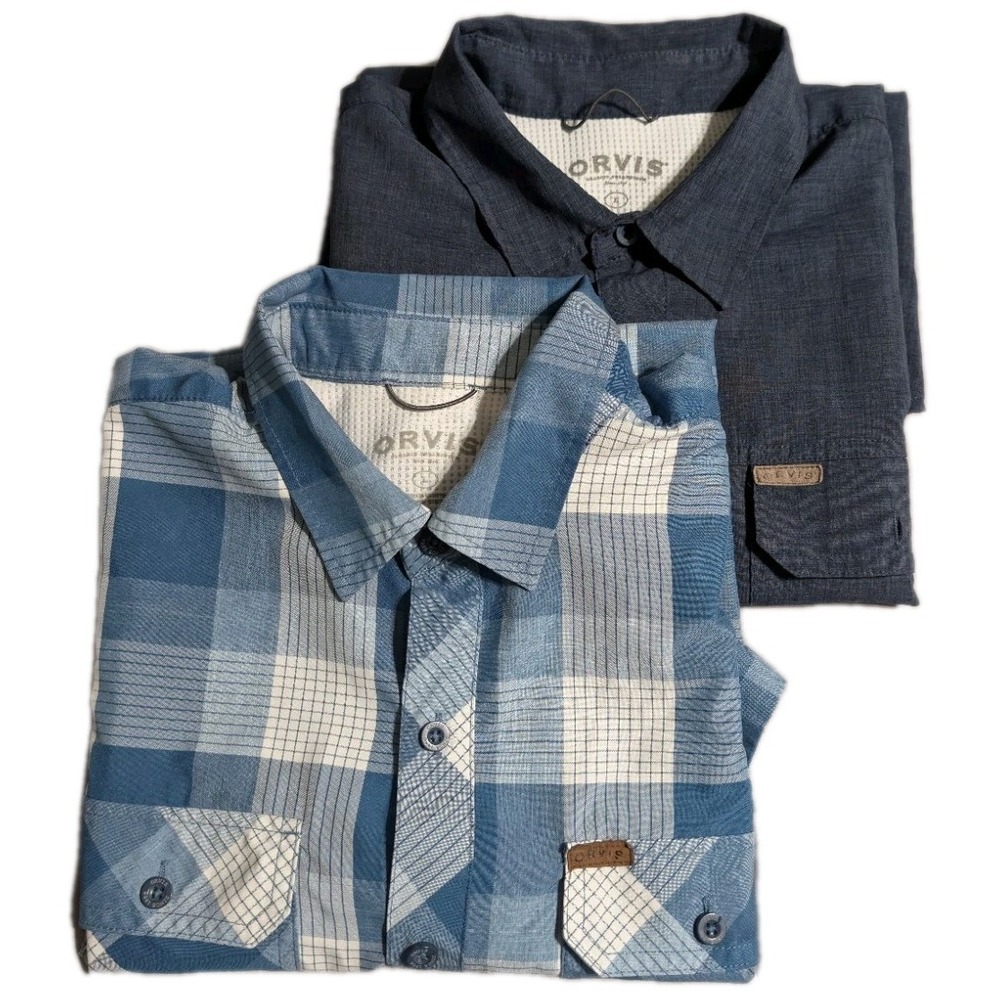 Orvis Tech Button Up Shirt Bundle Mens Large Blue‎ Plaid Fishing Camp Hiking
